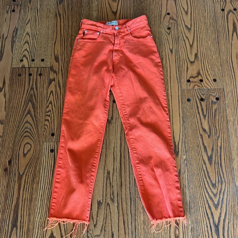 Fiorucci Orange High Rise Jeans Made in Italy Raw Hem Size 25